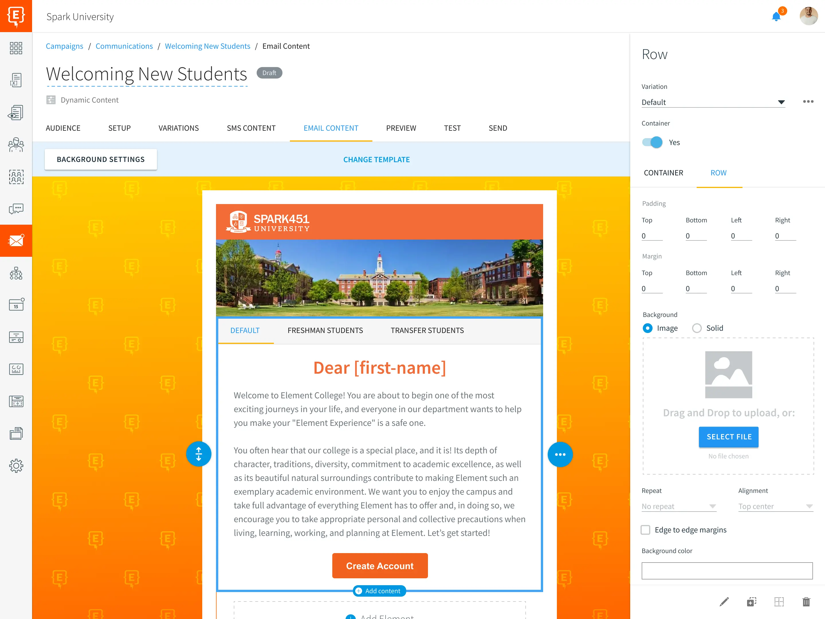 Element451 email campaign builder with drag-and-drop editor and template selection