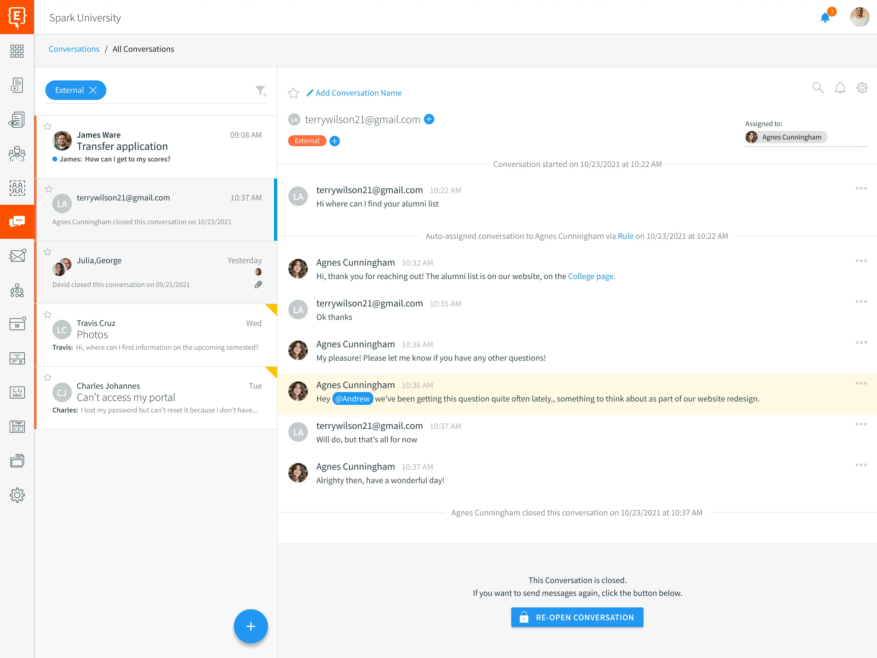 Element451 conversation thread with automated routing and response templates