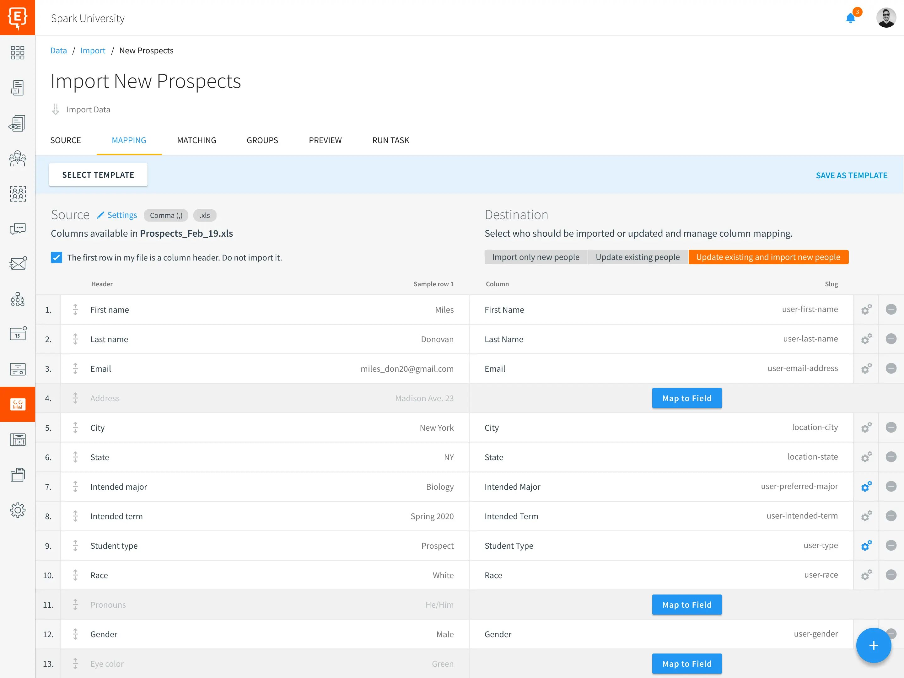 Element451 data management interface showing import/export functionality