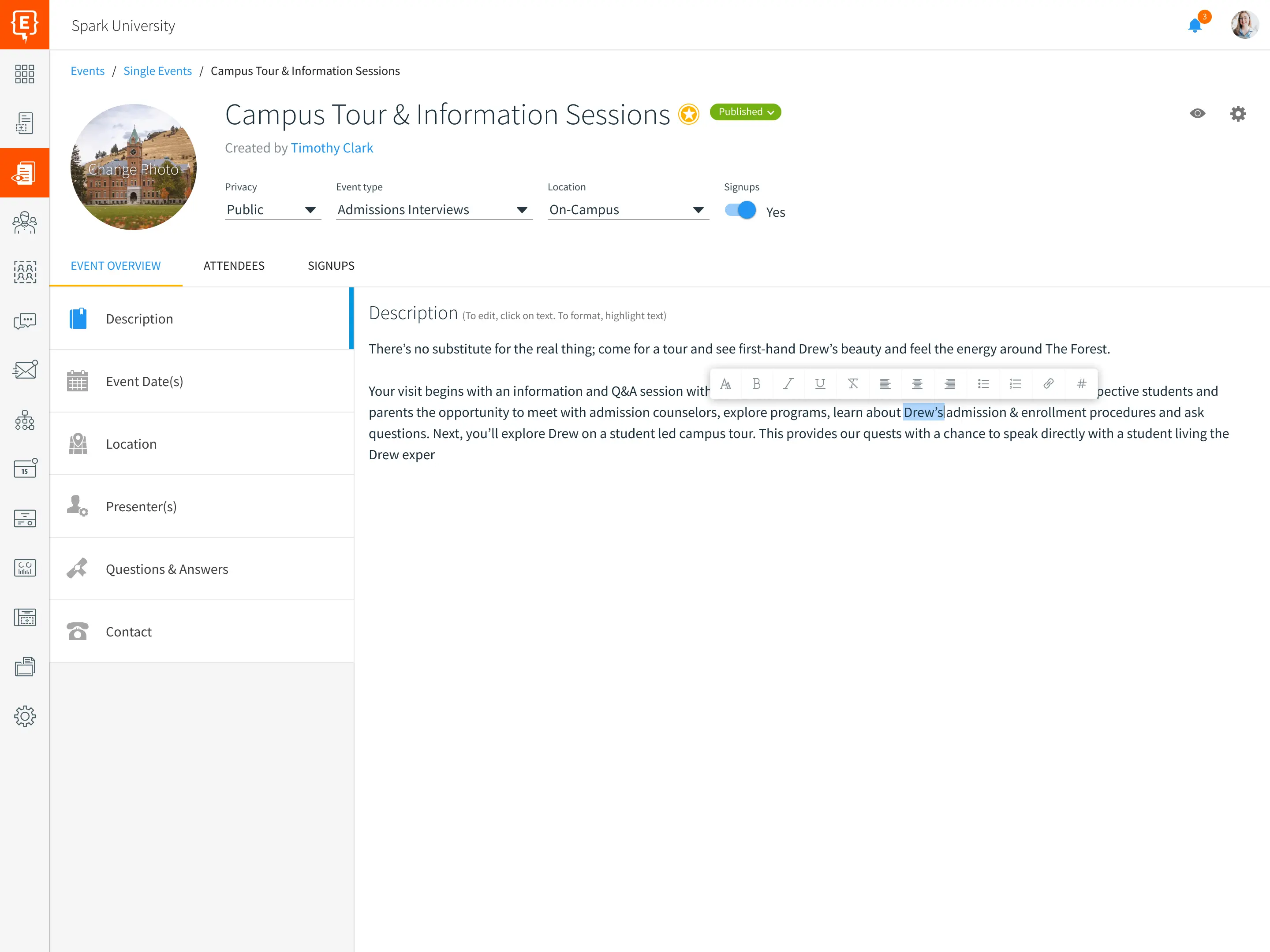 Element451 event management dashboard with calendar view and upcoming events overview