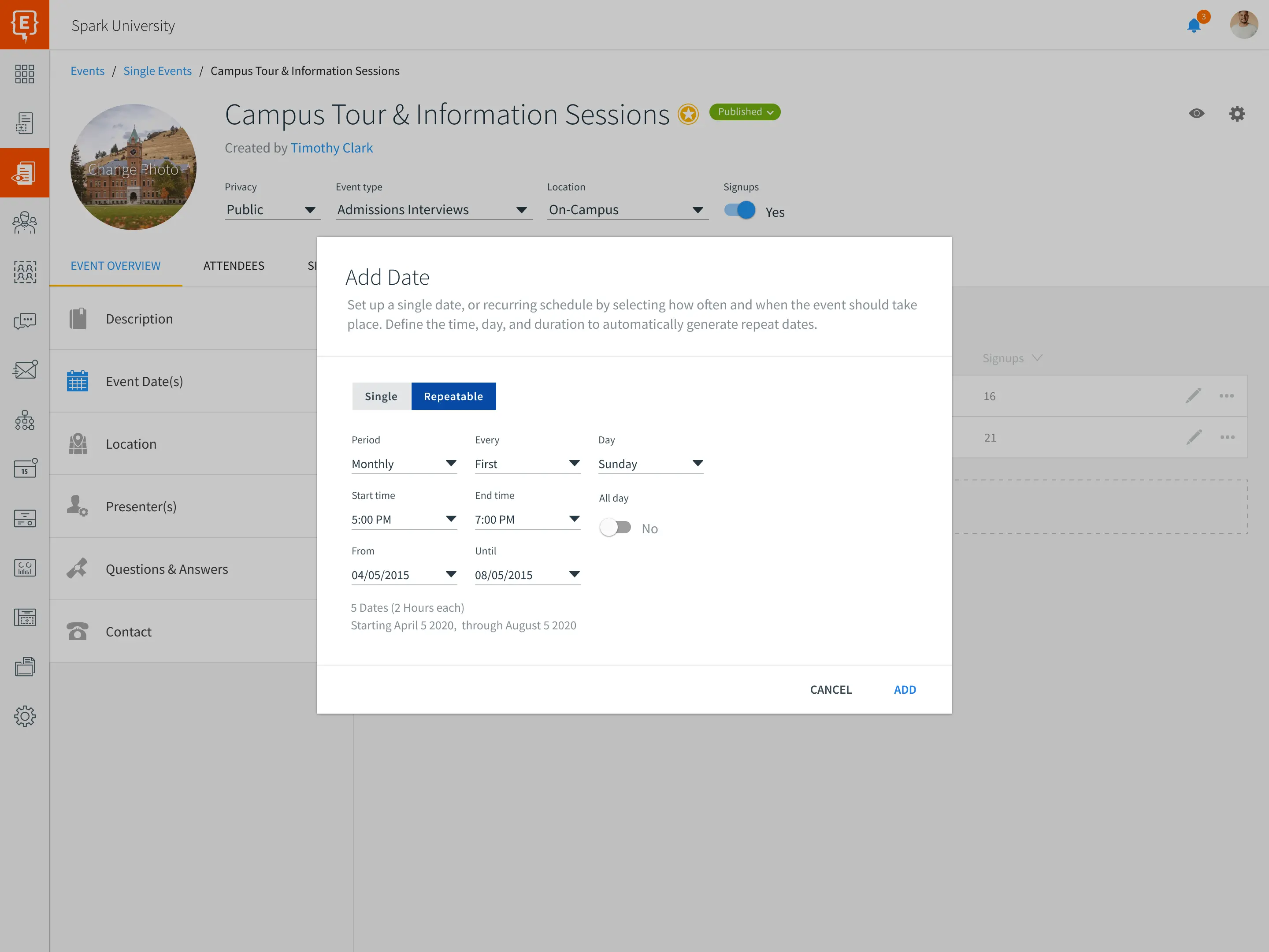 Element451 event creation interface with registration settings and capacity management