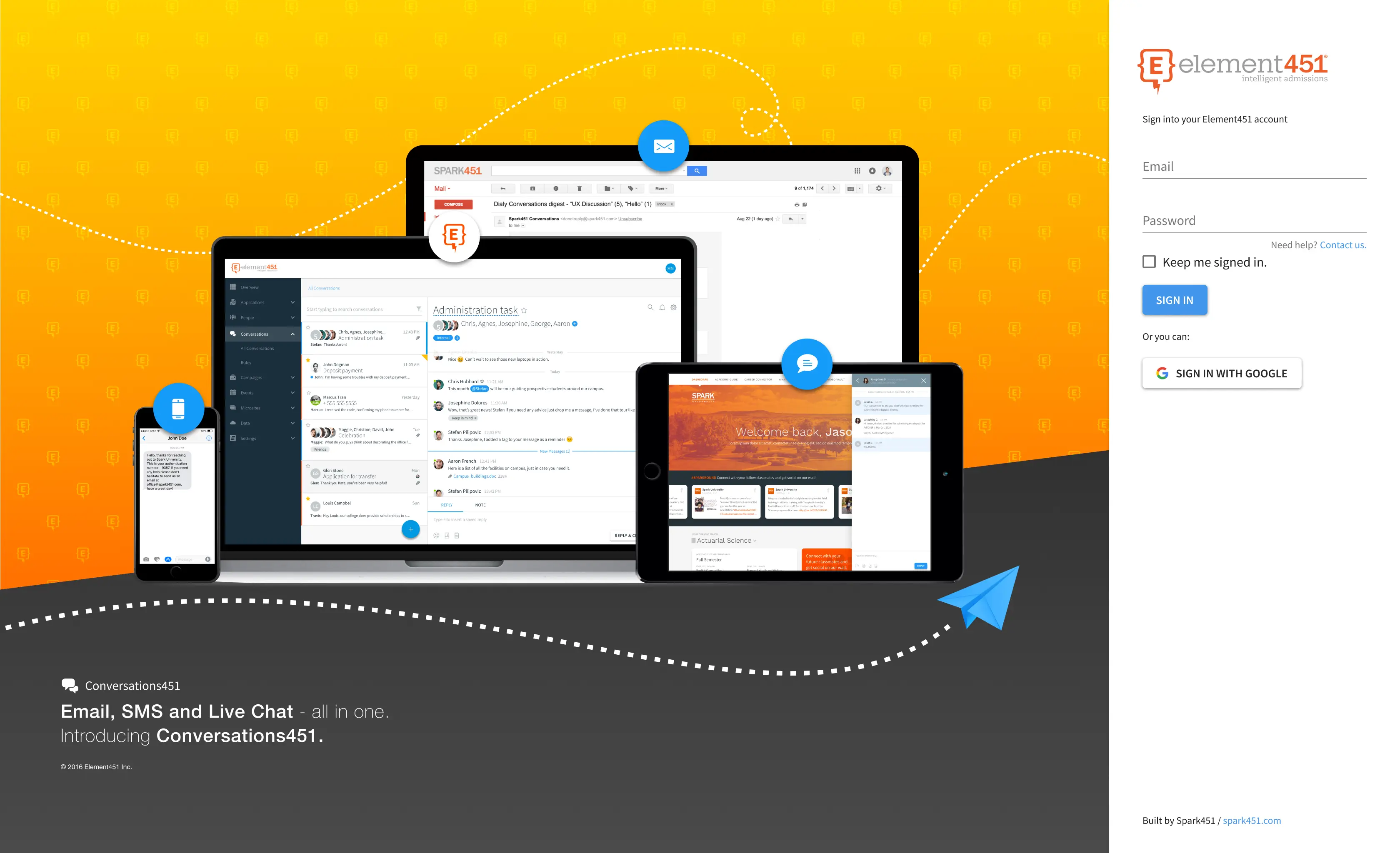 Element451 login page featuring promotional content for new platform modules