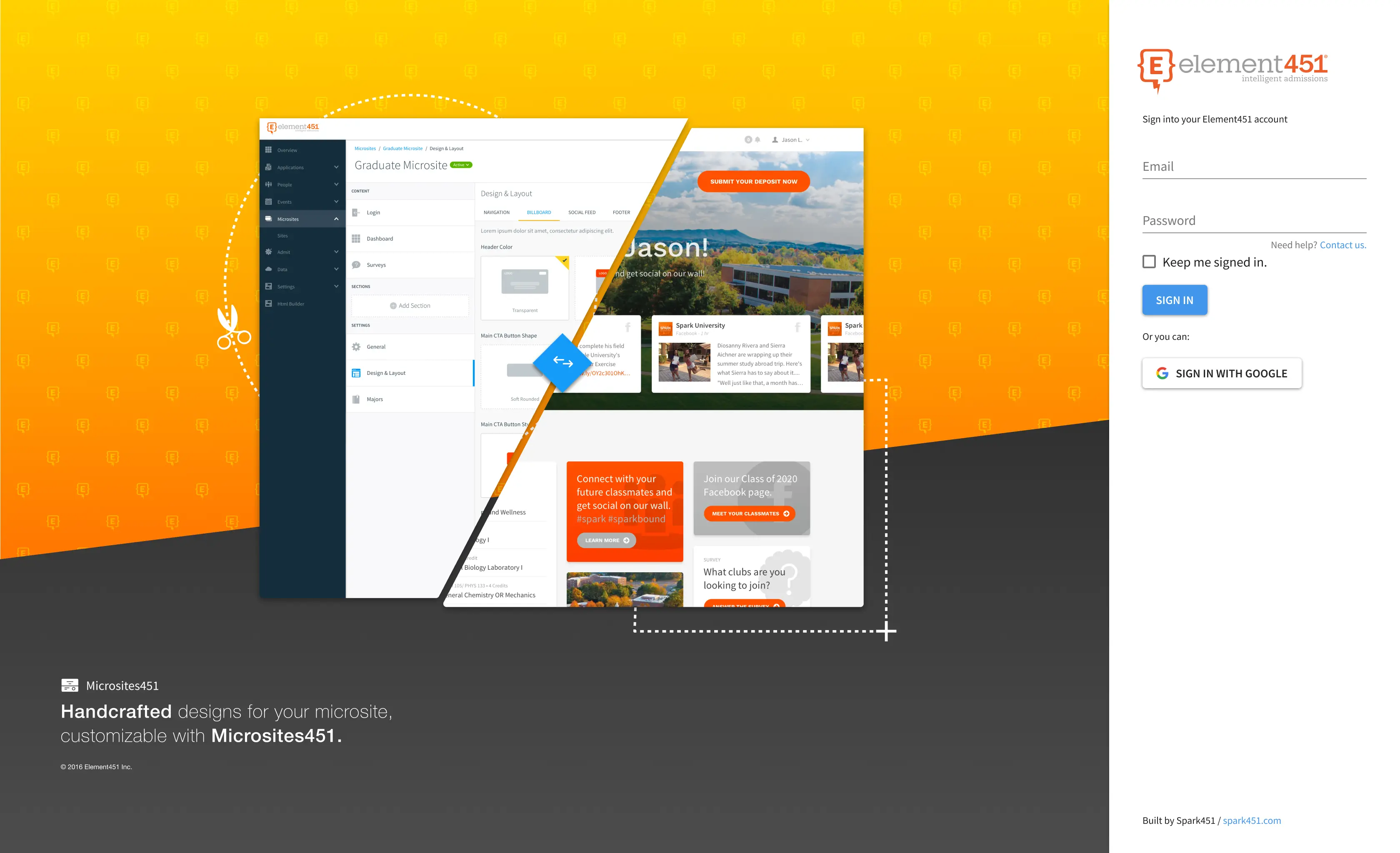 Element451 login screen with customizable institutional branding and user onboarding