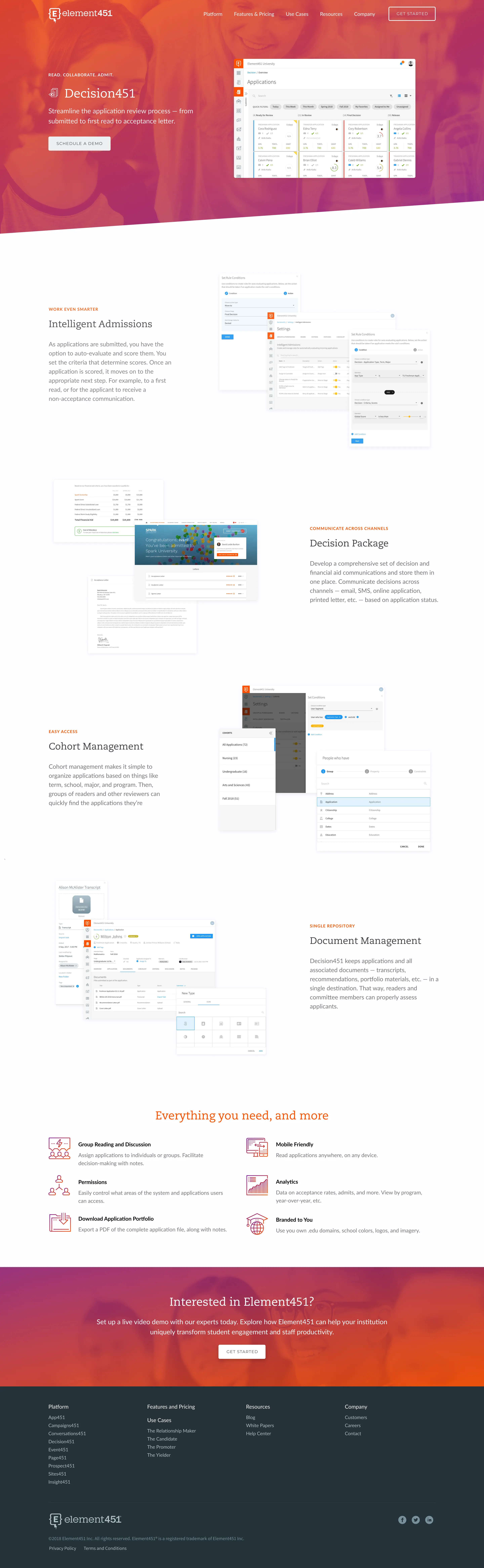 Element451 website product overview with module integration demonstrations