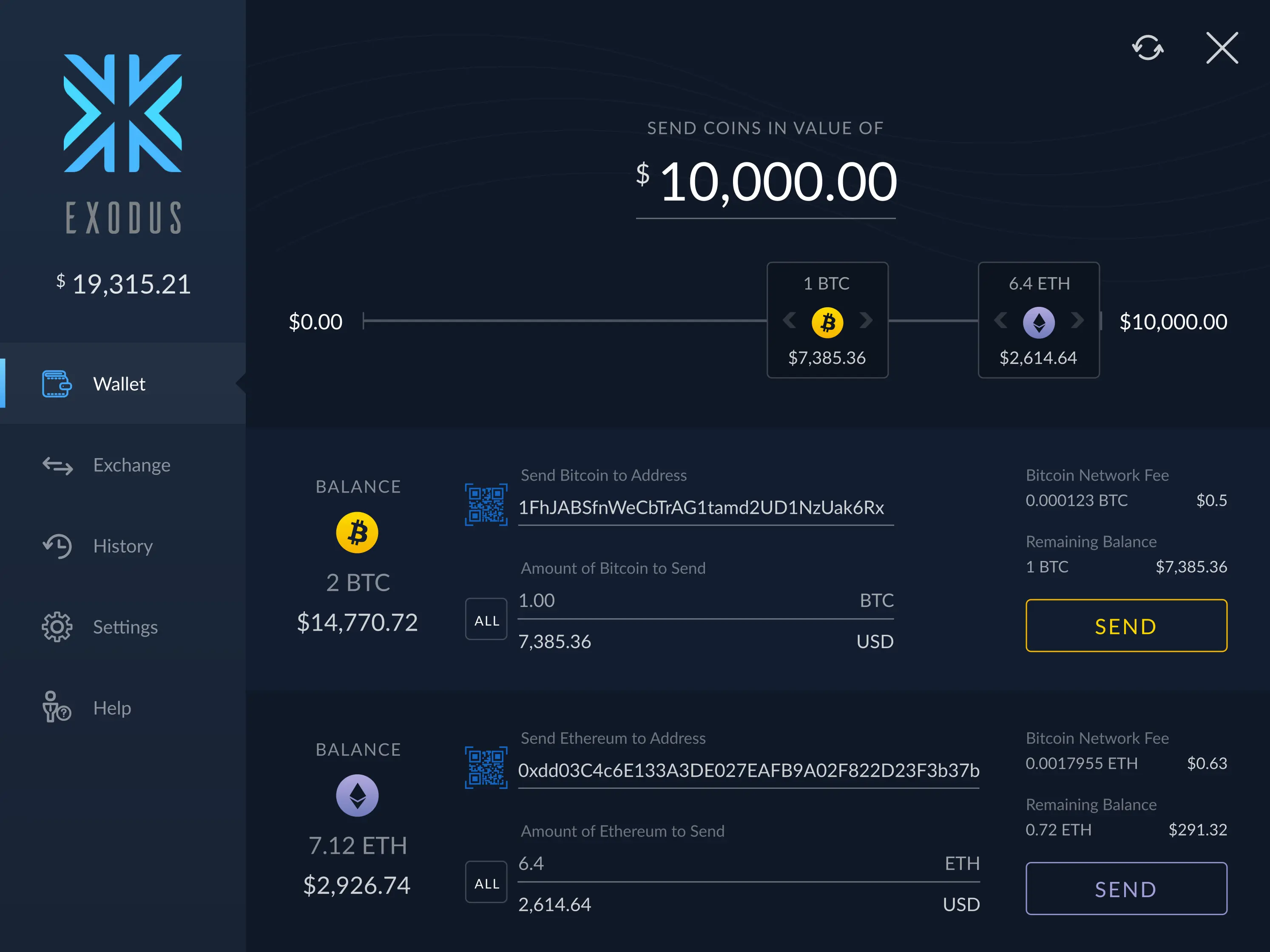 Exodus wallet settings interface