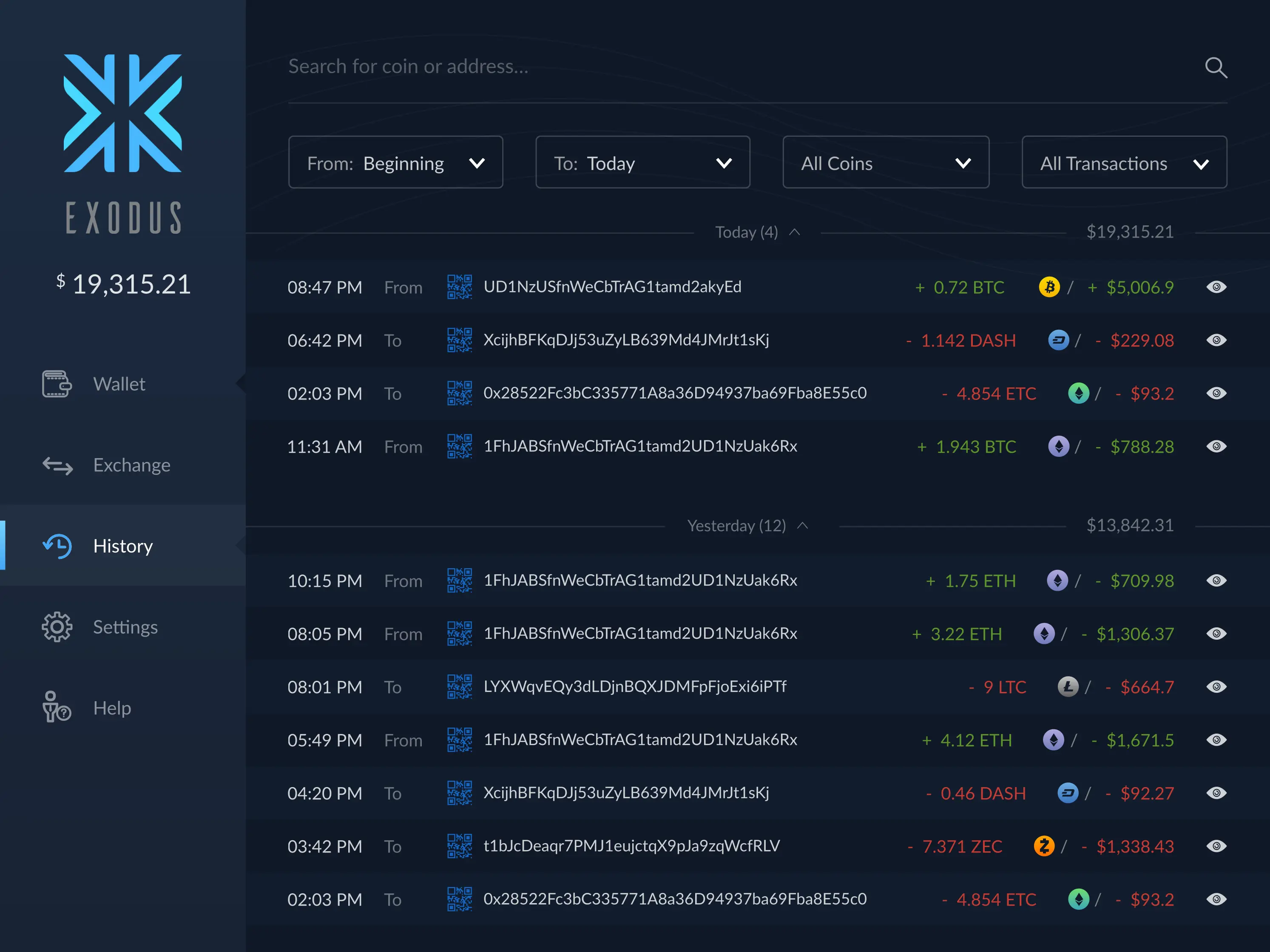 Exodus wallet cryptocurrency details page