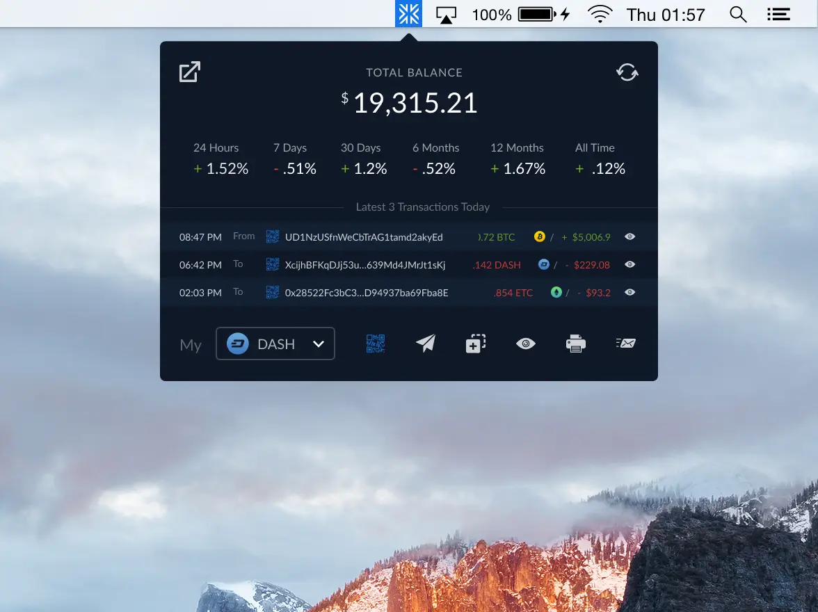 Exodus wallet MacOS widget interface design