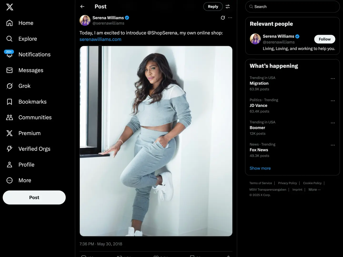 serena_williams X post about online shop